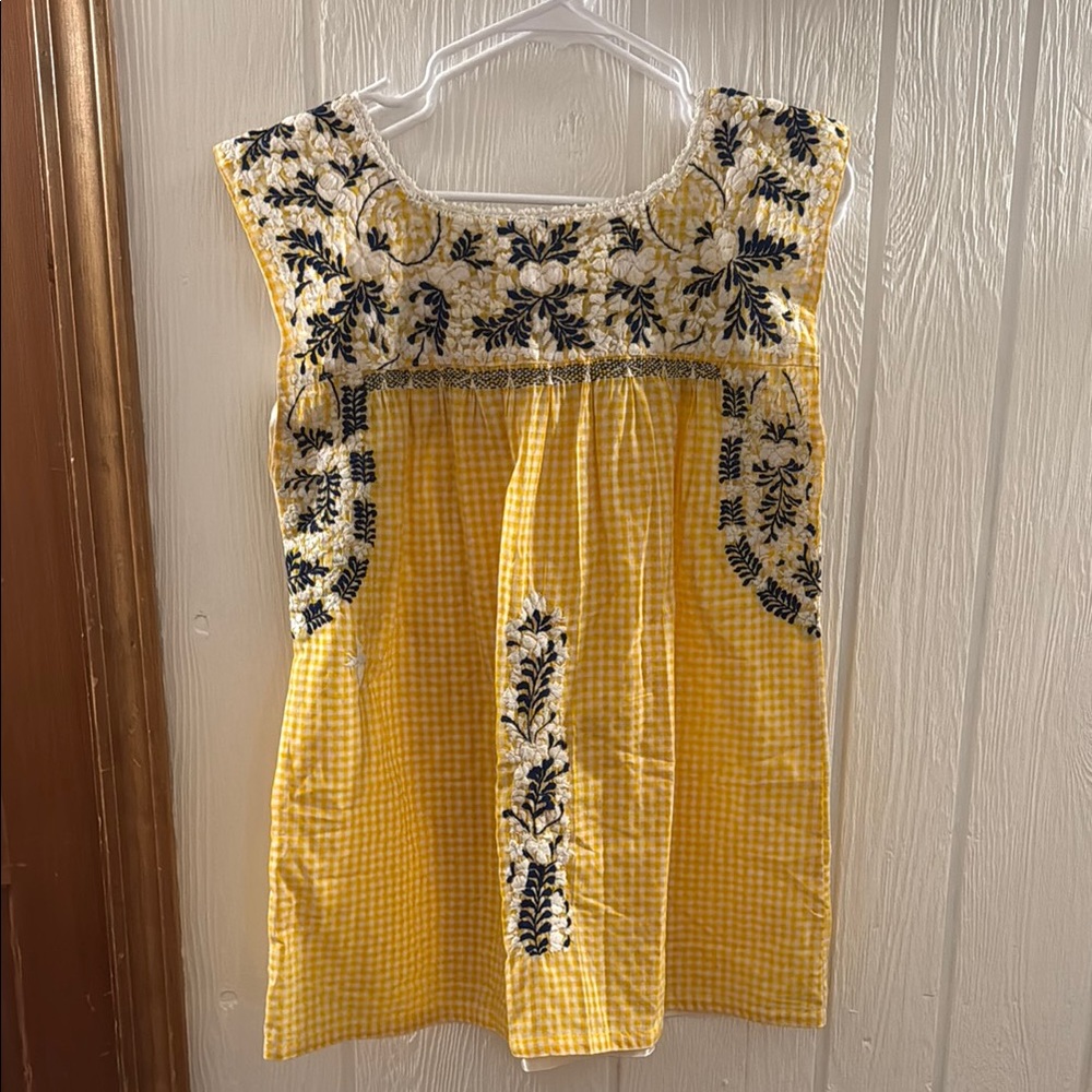 Mi Golondrina Yellow and Navy Embroidered Tank Top